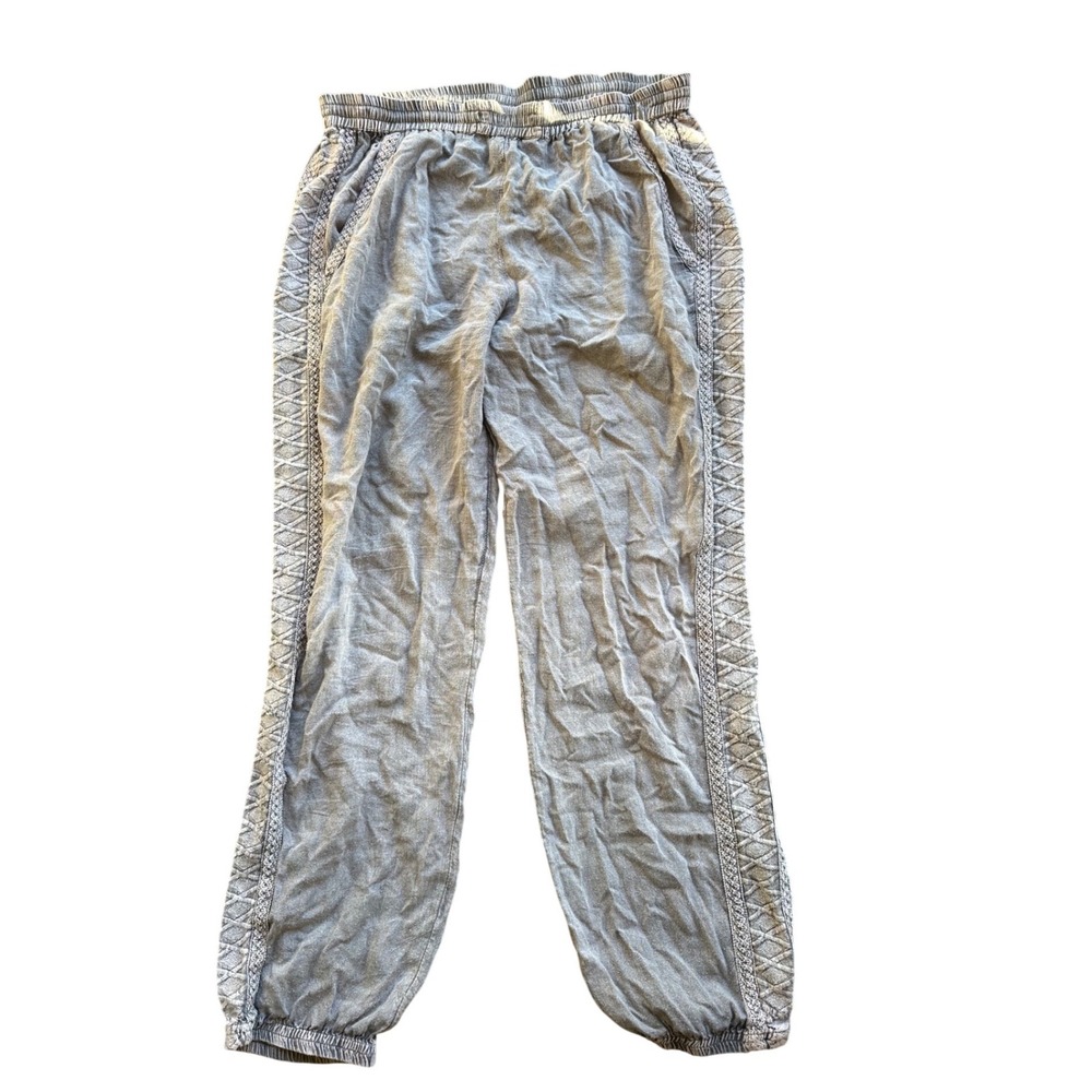 Solitare Gray Embroidered Crochet Trim Jogger Pants Womens XL Boho Elastic Waist